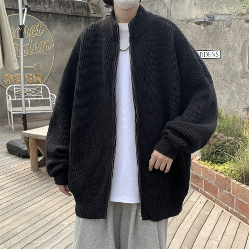 ins潮牌日系開衫毛衣男秋冬季美式高街復古寬松立領拉鍊針織外套