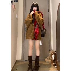 蝴蝶結麻花毛衣女針織衫秋冬中長款寬松慵懶風圓領套頭加厚上衣