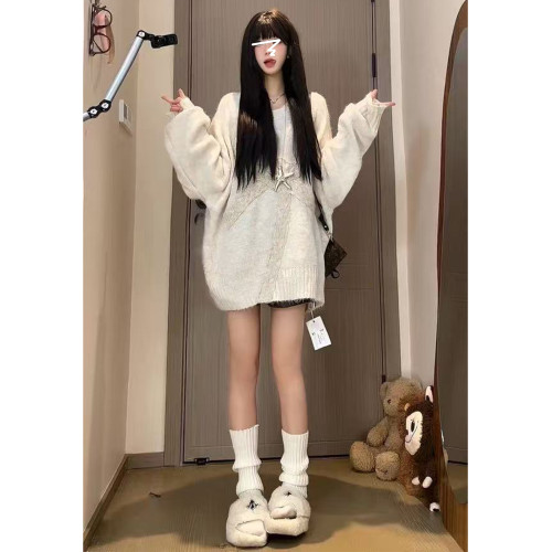 蝴蝶結麻花毛衣女針織衫秋冬中長款寬松慵懶風圓領套頭加厚上衣