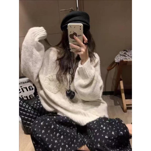 蝴蝶結麻花毛衣女針織衫秋冬中長款寬松慵懶風圓領套頭加厚上衣