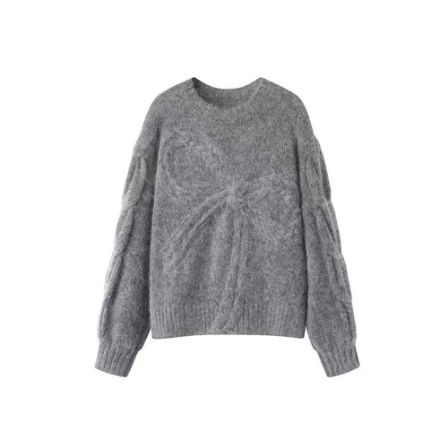 蝴蝶結麻花毛衣女針織衫秋冬中長款寬松慵懶風圓領套頭加厚上衣