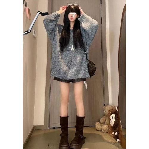 蝴蝶結麻花毛衣女針織衫秋冬中長款寬松慵懶風圓領套頭加厚上衣