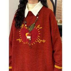 UATONLINE秋冬美式復古慵懶風軟糯紅色蘋果刺綉針織衫圓領毛衣女