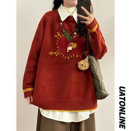 UATONLINE秋冬美式復古慵懶風軟糯紅色蘋果刺綉針織衫圓領毛衣女