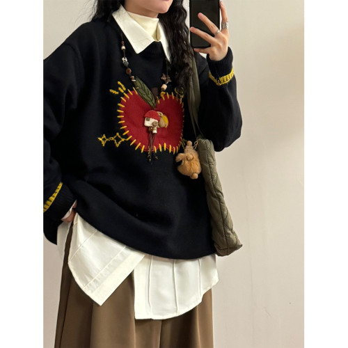 UATONLINE秋冬美式復古慵懶風軟糯紅色蘋果刺綉針織衫圓領毛衣女