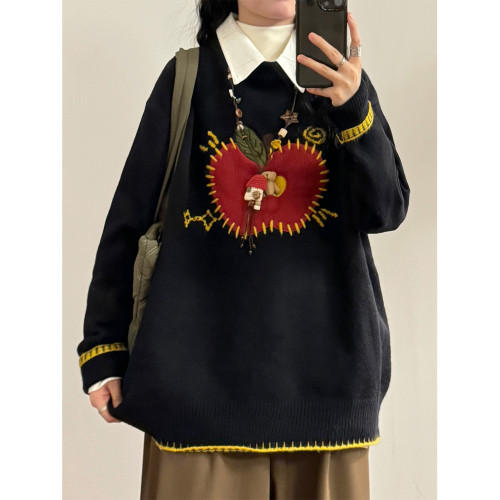 UATONLINE秋冬美式復古慵懶風軟糯紅色蘋果刺綉針織衫圓領毛衣女