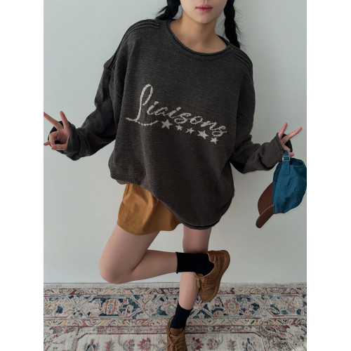 19studio WAYNEPRINCE 美式復古圓領針織衫寬松字母印花破洞毛衣