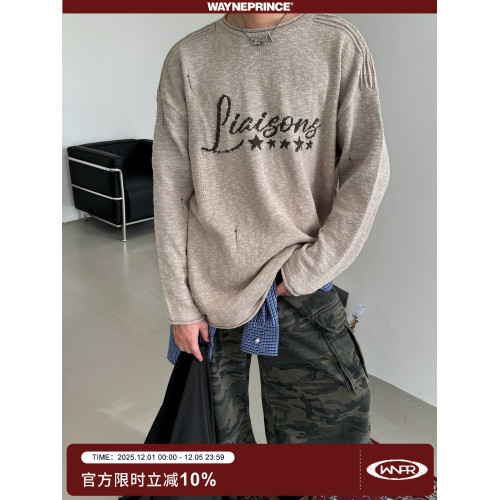 19studio WAYNEPRINCE 美式復古圓領針織衫寬松字母印花破洞毛衣