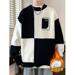 假兩件毛衣男秋冬季加絨保暖圓領毛線衣潮牌撞色設計感針織衫外套