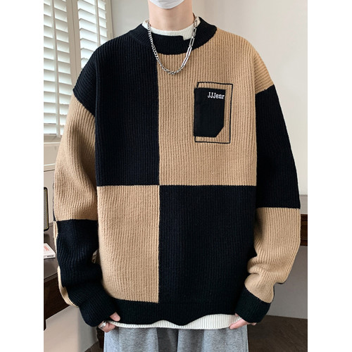 假兩件毛衣男秋冬季加絨保暖圓領毛線衣潮牌撞色設計感針織衫外套