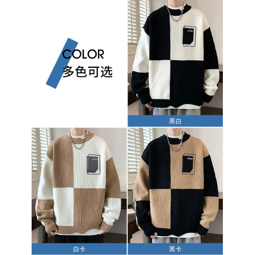 假兩件毛衣男秋冬季加絨保暖圓領毛線衣潮牌撞色設計感針織衫外套