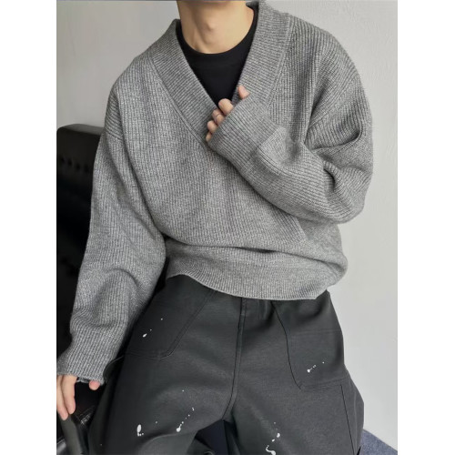 美式復古灰色v領毛衣男款冬季潮牌慵懶針織衫外套曡穿內搭打底衫