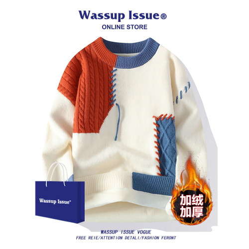 WASSUP ISSUE美式拼接撞色毛衣男士秋冬季加絨保暖慵懶風針織衫男 WASSUP ISSUE美式拼接撞色毛衣男士秋冬季加絨保暖慵懶風針織衫男