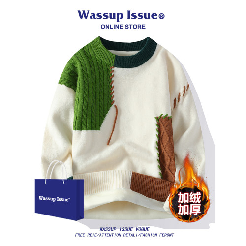 WASSUP ISSUE美式拼接撞色毛衣男士秋冬季加絨保暖慵懶風針織衫男 WASSUP ISSUE美式拼接撞色毛衣男士秋冬季加絨保暖慵懶風針織衫男