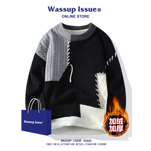 WASSUP ISSUE美式拼接撞色毛衣男士秋冬季加絨保暖慵懶風針織衫男 WASSUP ISSUE美式拼接撞色毛衣男士秋冬季加絨保暖慵懶風針織衫男