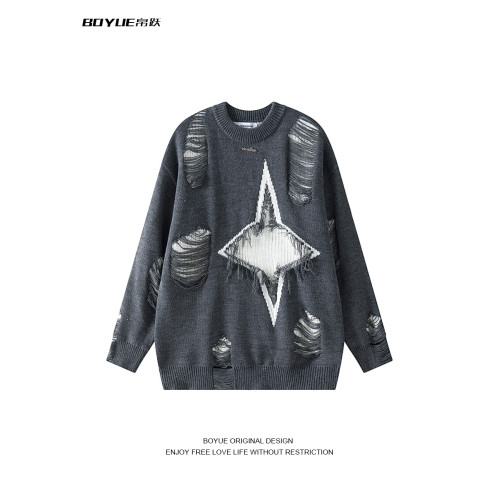 BOYUE帛躍鏤空假兩件鹿毛絨毛衣小衆潮流創意設計感情侶針織衫男