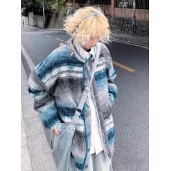 美式復古彩色條紋撞色開衫毛衣男女慵懶圓領寬松休閒情侶針織外套