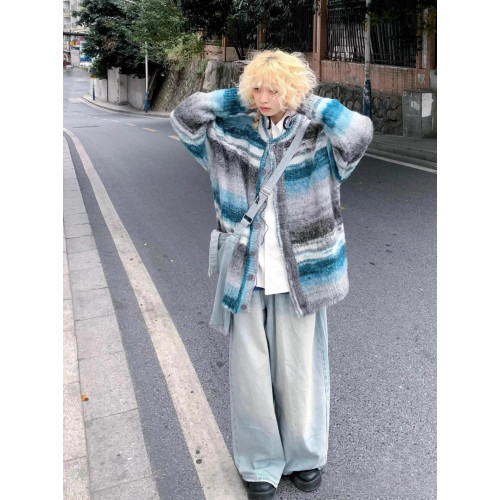 美式復古彩色條紋撞色開衫毛衣男女慵懶圓領寬松休閒情侶針織外套