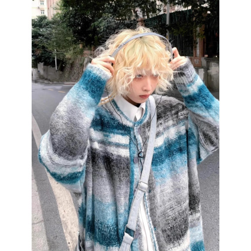 美式復古彩色條紋撞色開衫毛衣男女慵懶圓領寬松休閒情侶針織外套