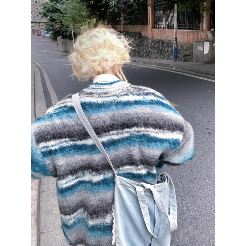 美式復古彩色條紋撞色開衫毛衣男女慵懶圓領寬松休閒情侶針織外套