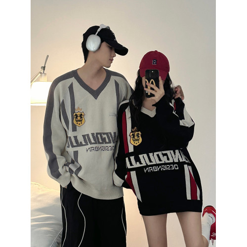 美式blokette風V領毛衣男2025秋冬寬松休閒潮牌情侶裝針織衫上衣