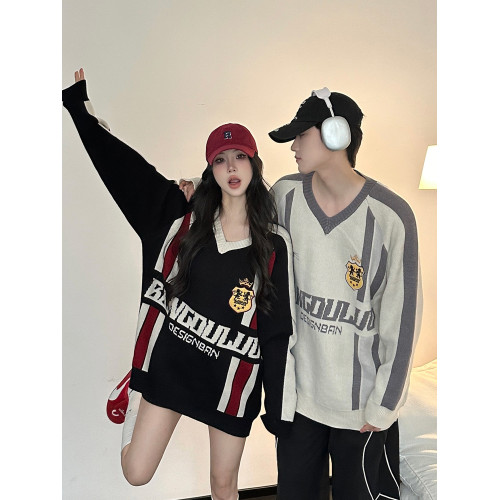 美式blokette風V領毛衣男2025秋冬寬松休閒潮牌情侶裝針織衫上衣