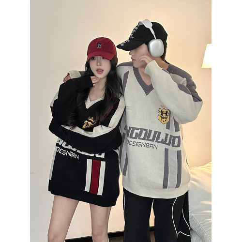 美式blokette風V領毛衣男2025秋冬寬松休閒潮牌情侶裝針織衫上衣