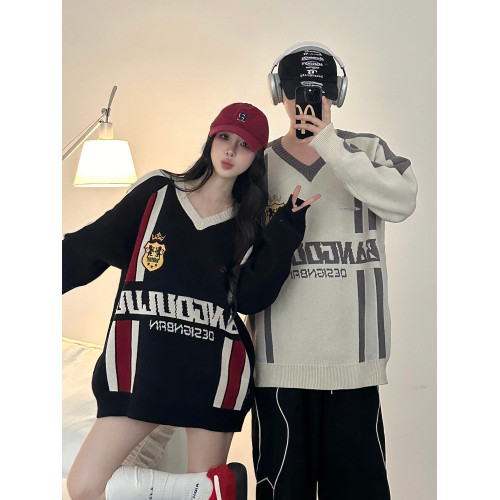 美式blokette風V領毛衣男2025秋冬寬松休閒潮牌情侶裝針織衫上衣