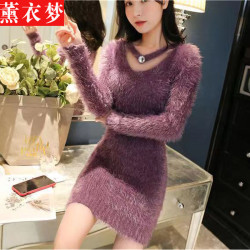 秋冬新款V領仿絨貂百搭中長款毛衣女修身顯瘦掛脖打底針織衫女裝