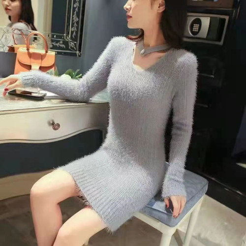 秋冬新款V領仿絨貂百搭中長款毛衣女修身顯瘦掛脖打底針織衫女裝