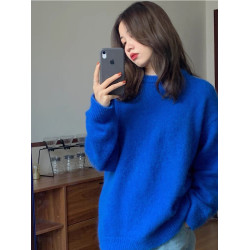 克萊因藍毛衣女秋冬款慵懶風韓系設計感圓領套頭內搭軟糯針織上衣