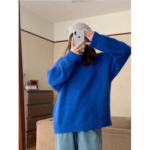 克萊因藍毛衣女秋冬款慵懶風韓系設計感圓領套頭內搭軟糯針織上衣