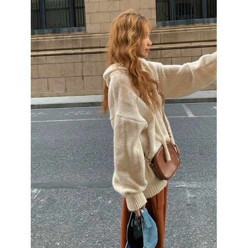 秋冬寬松套頭連帽休閒加厚慵懶風白色曡外穿內搭針織衫毛衣衛衣女