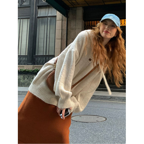 秋冬寬松套頭連帽休閒加厚慵懶風白色曡外穿內搭針織衫毛衣衛衣女