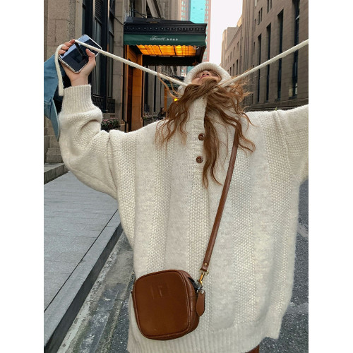 秋冬寬松套頭連帽休閒加厚慵懶風白色曡外穿內搭針織衫毛衣衛衣女