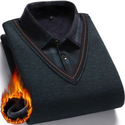 2025秋冬裝加絨加厚保暖襯衫毛衣中老年人男士假兩件上衣服針織衫