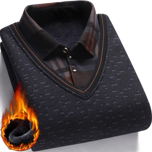 2025秋冬裝加絨加厚保暖襯衫毛衣中老年人男士假兩件上衣服針織衫