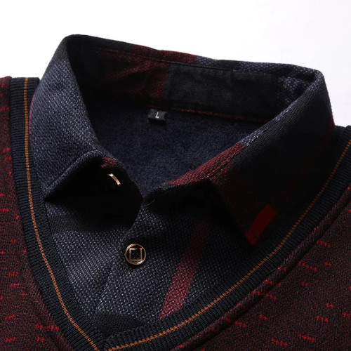 2025秋冬裝加絨加厚保暖襯衫毛衣中老年人男士假兩件上衣服針織衫