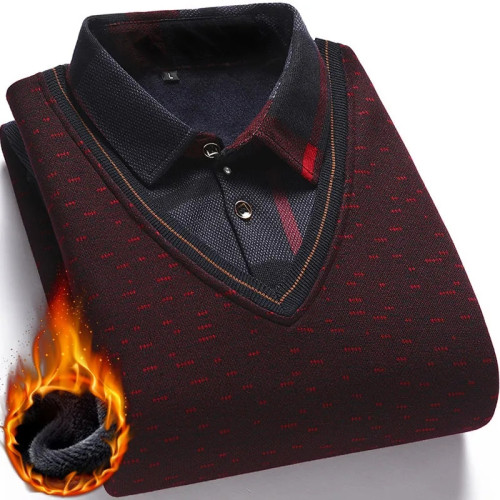 2025秋冬裝加絨加厚保暖襯衫毛衣中老年人男士假兩件上衣服針織衫