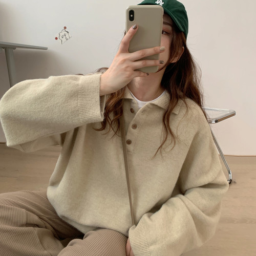 學院風寬松慵懶毛衣女秋冬外穿韓版百搭長袖套頭polo領針織上衣女