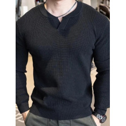 華夫格上衣純色簡約長袖時尚V領高級感新款修身休閒輕奢打底衫男