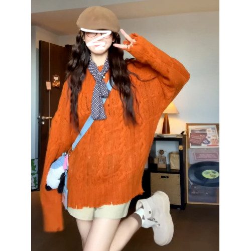 慵懶風高級松弛感毛線衣橘色毛衣女秋冬2025新款寬松套頭針織上衣