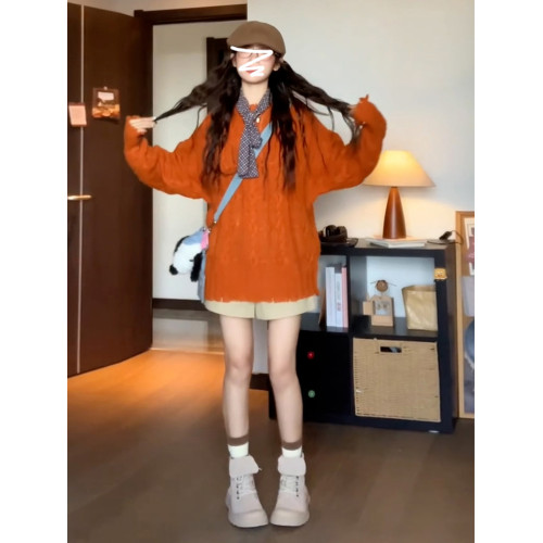 慵懶風高級松弛感毛線衣橘色毛衣女秋冬2025新款寬松套頭針織上衣