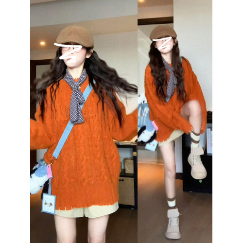 慵懶風高級松弛感毛線衣橘色毛衣女秋冬2025新款寬松套頭針織上衣