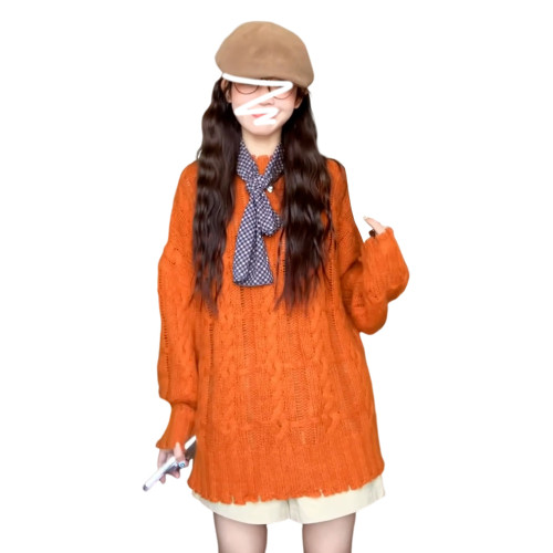 慵懶風高級松弛感毛線衣橘色毛衣女秋冬2025新款寬松套頭針織上衣