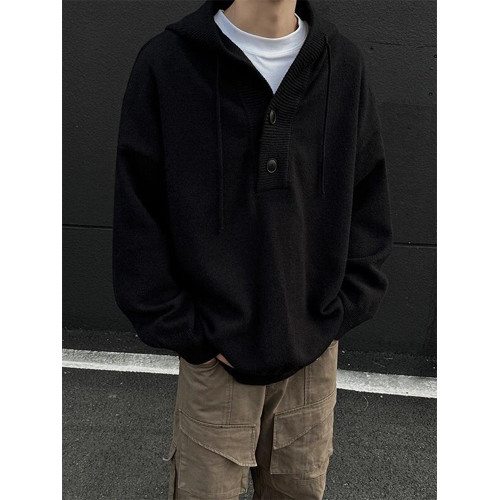 灰色美式復古連帽針織衫男款冬季加厚慵懶風毛衣重磅內搭衛衣外套