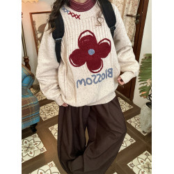 C2自製/秋冬款日系立體鉤織花朵圓領套頭毛衣針織衫男女同款上衣