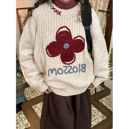 C2自製/秋冬款日系立體鉤織花朵圓領套頭毛衣針織衫男女同款上衣