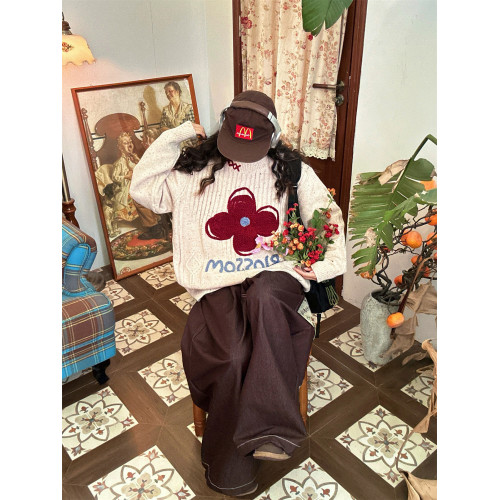 C2自製/秋冬款日系立體鉤織花朵圓領套頭毛衣針織衫男女同款上衣