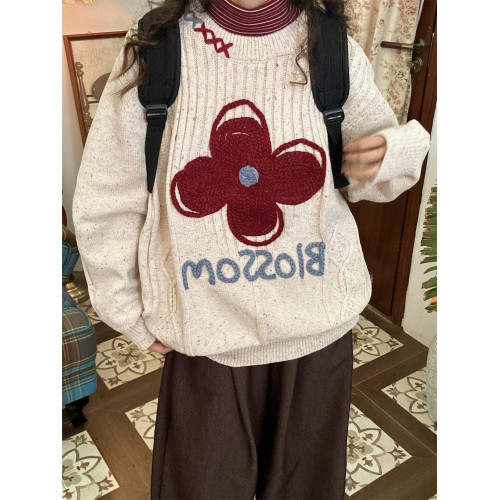 C2自製/秋冬款日系立體鉤織花朵圓領套頭毛衣針織衫男女同款上衣